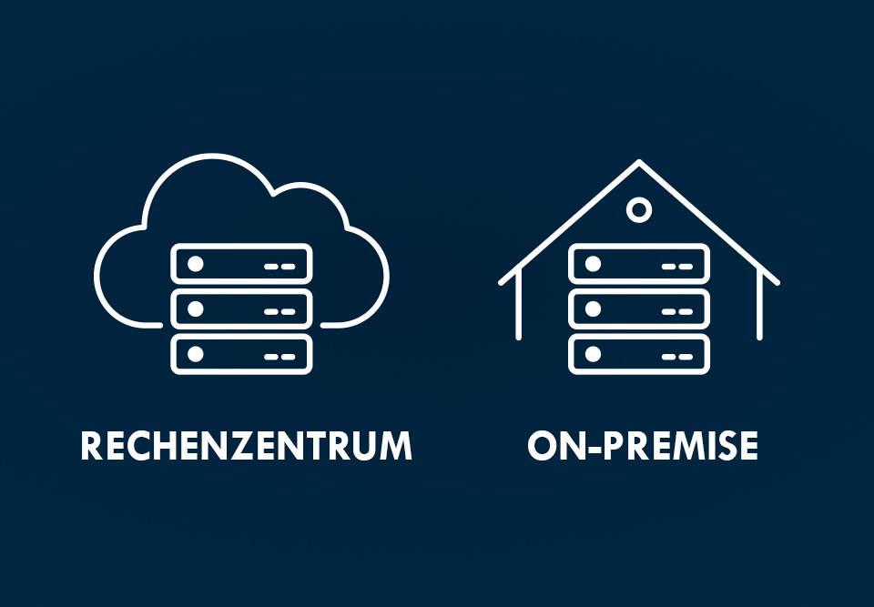 Zwei Icons sind abgebildet. Links das Rechenzentrum mit einer Cloud und rechts ein Haus mit Daten. Es stellt Rechenzentrum und On-Premise dar.