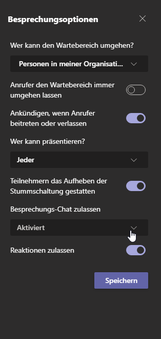 Besprechungsoptionen in Microsoft Teams