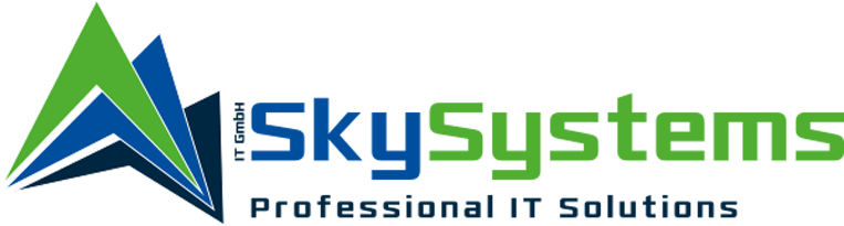 SkySystems IT GmbH Logo mit den CI Farben Grün und Blau und dem Slogan "Professional IT Solutions"