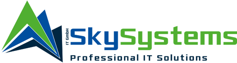 SkySystems IT GmbH Logo mit den CI Farben Grün und Blau und dem Slogan "Professional IT Solutions"