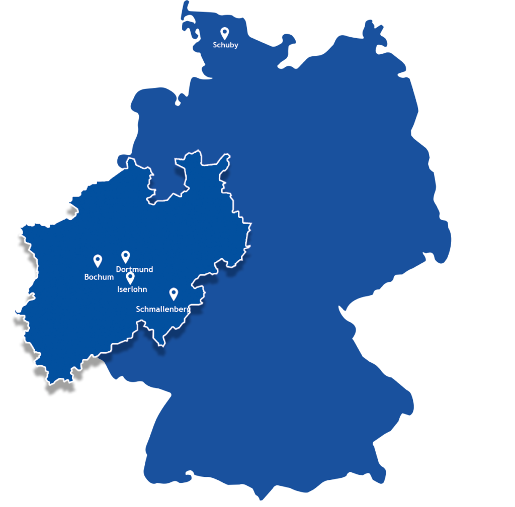 Deutschlandkarte mit den Standorten der SkySytems Unternehmensgruppe in Iserlohn, Dortmund, Schmallenberg, (Bochum) und Schuby.