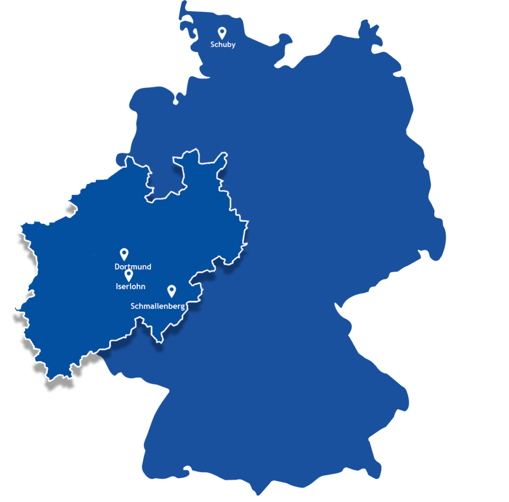 Deutschlandkarte mit den Standorten von SkySystems. Es sind die Standorte in Iserlohn, Dortmund, Bochum und Schuby markiert.
